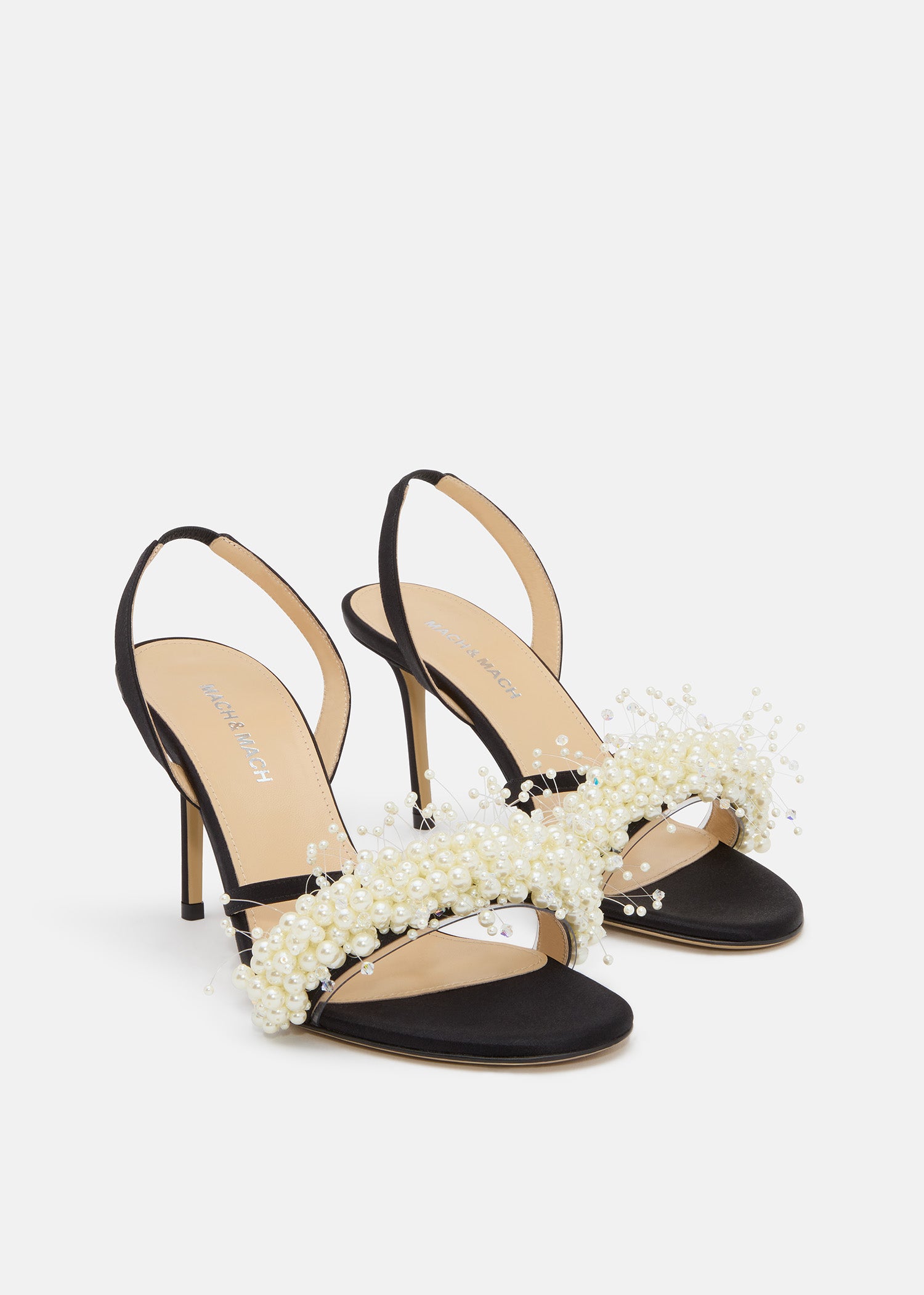 Floating Pearl Satin Sandals Black And White