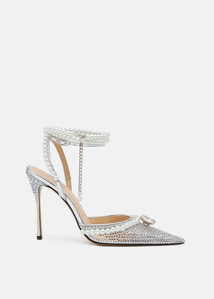 [MACH & MACH] シドニー装飾サテンプラットフォームサンダル Sydney embellished satin platform sandals in blue - Mach