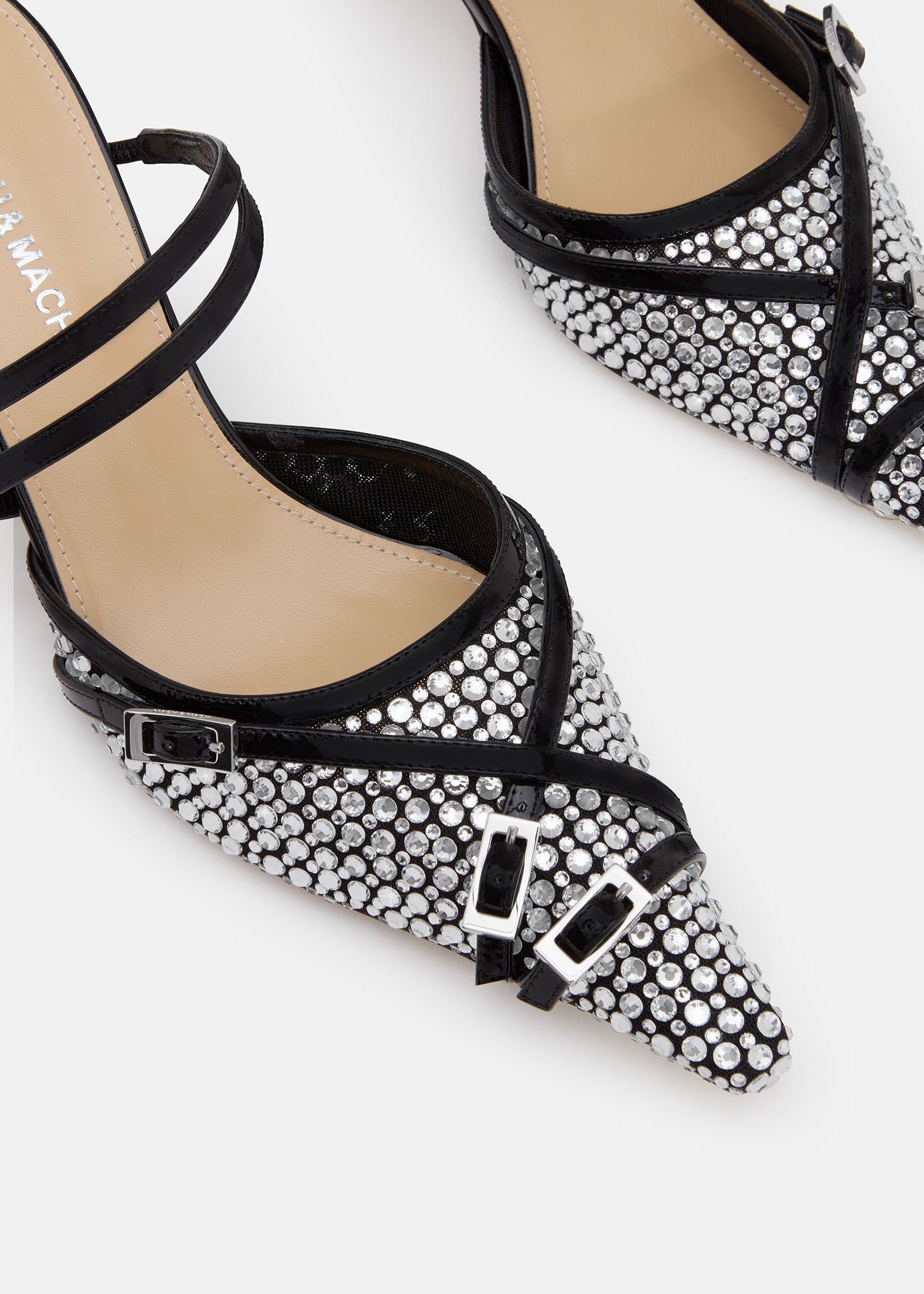 Crystal Net Black Mules With Straps
