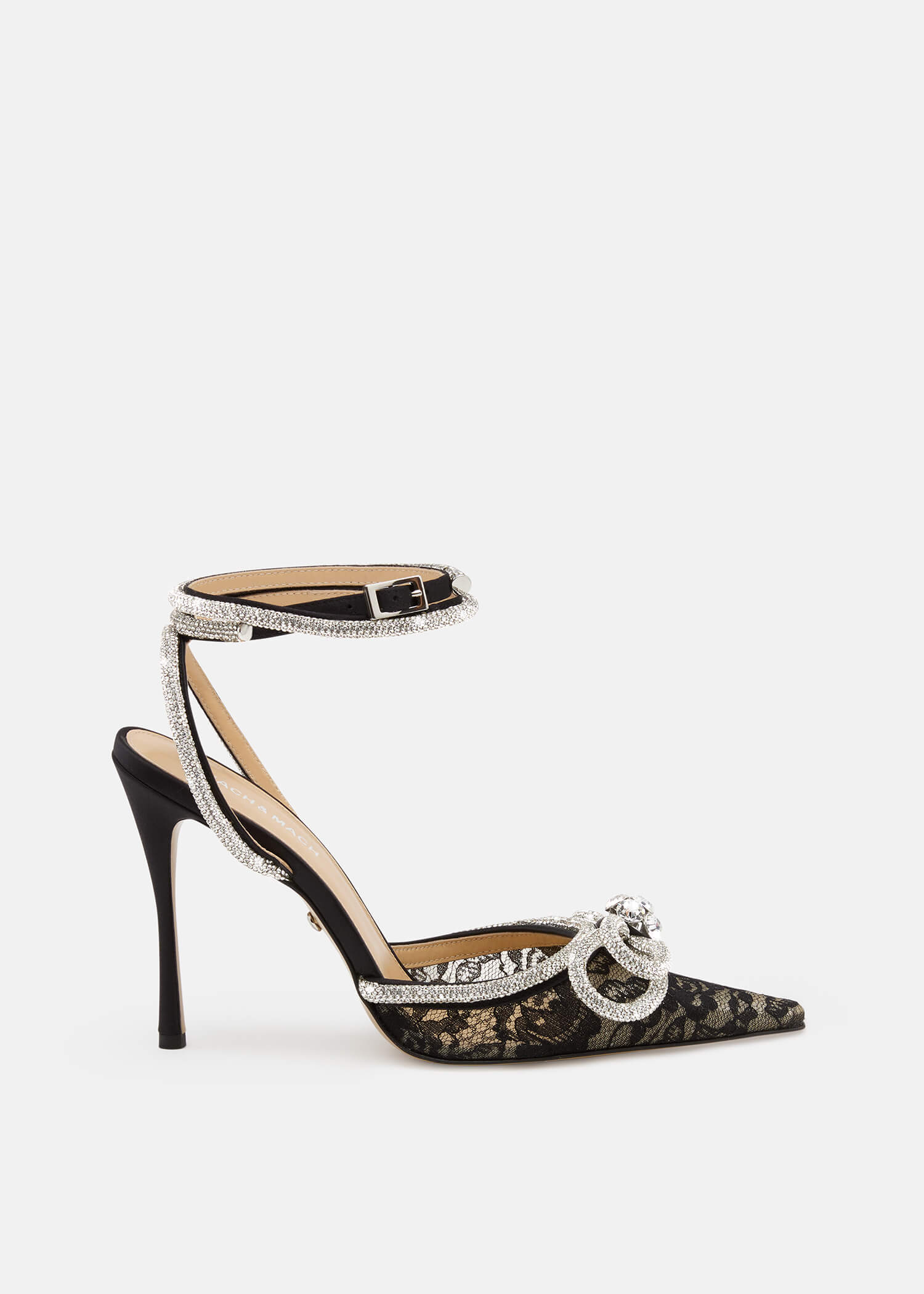 Double Bow Women's Black Lace Pumps with Tapered Toe and Strass