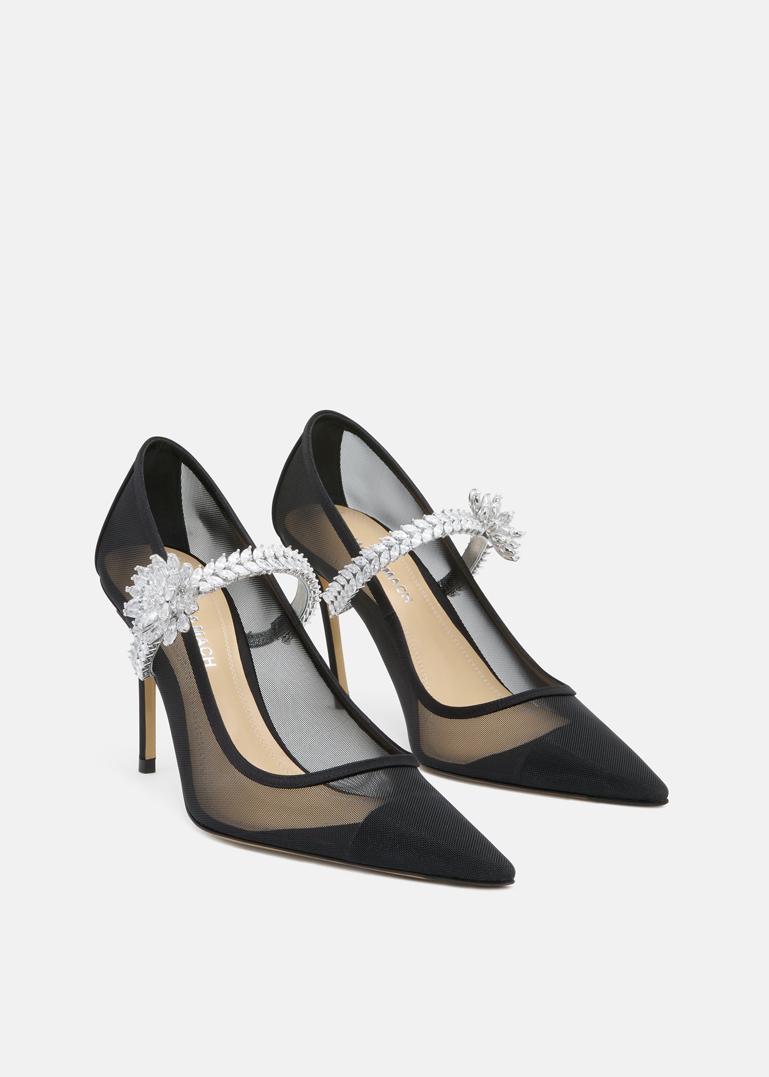 Lotus Flower Jewelled Black Mesh Pumps