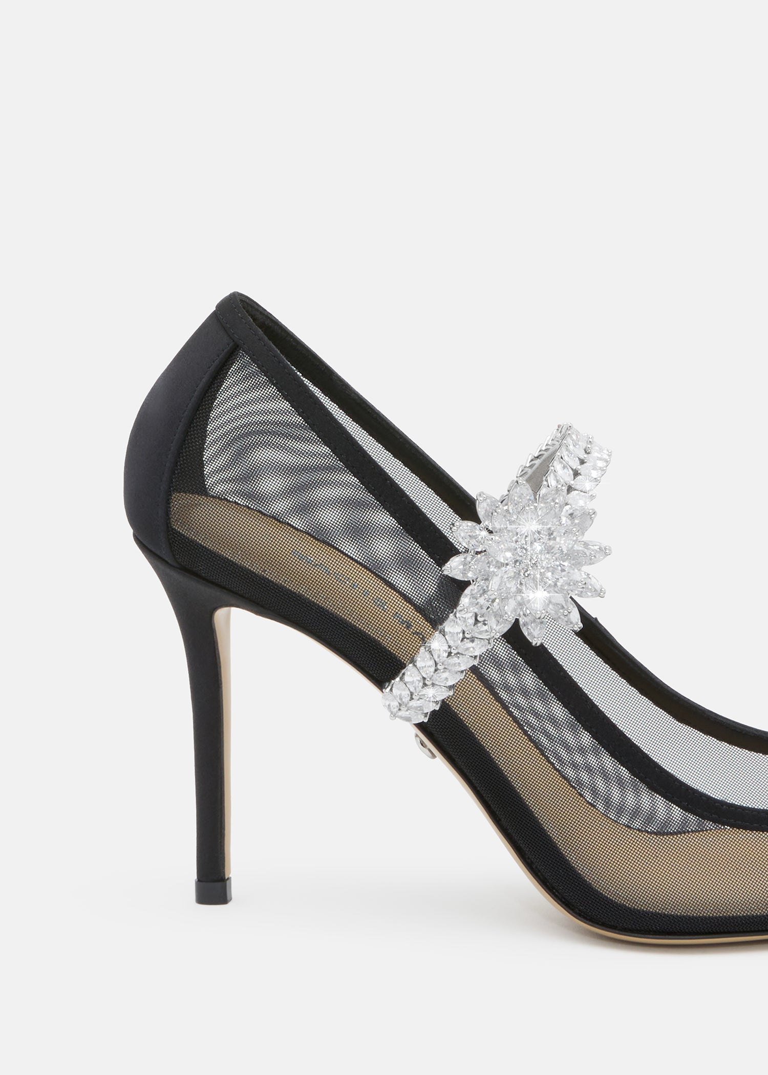 Lotus Flower Jewelled Black Mesh Pumps