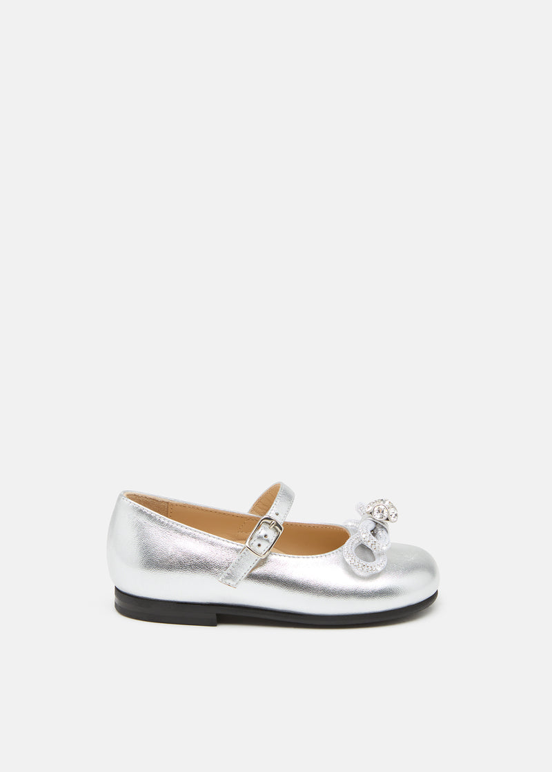 Double Bow Mini Ballerina in Silver Leather