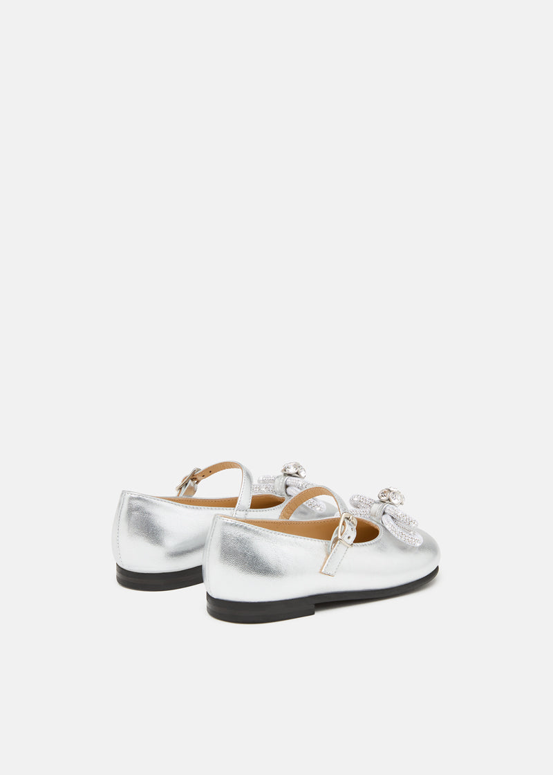 Double Bow Mini Ballerina in Silver Leather